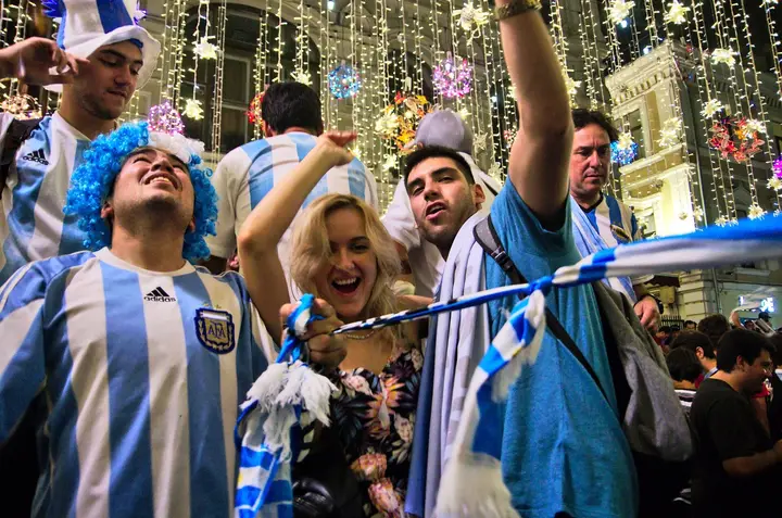 Argentina supporters wave sky-blue and white flags in a packed stadium as Argentina beat Switzerland 3-1 after extra time in the World Cup 2026 quarter-final in Kansas City on July 11