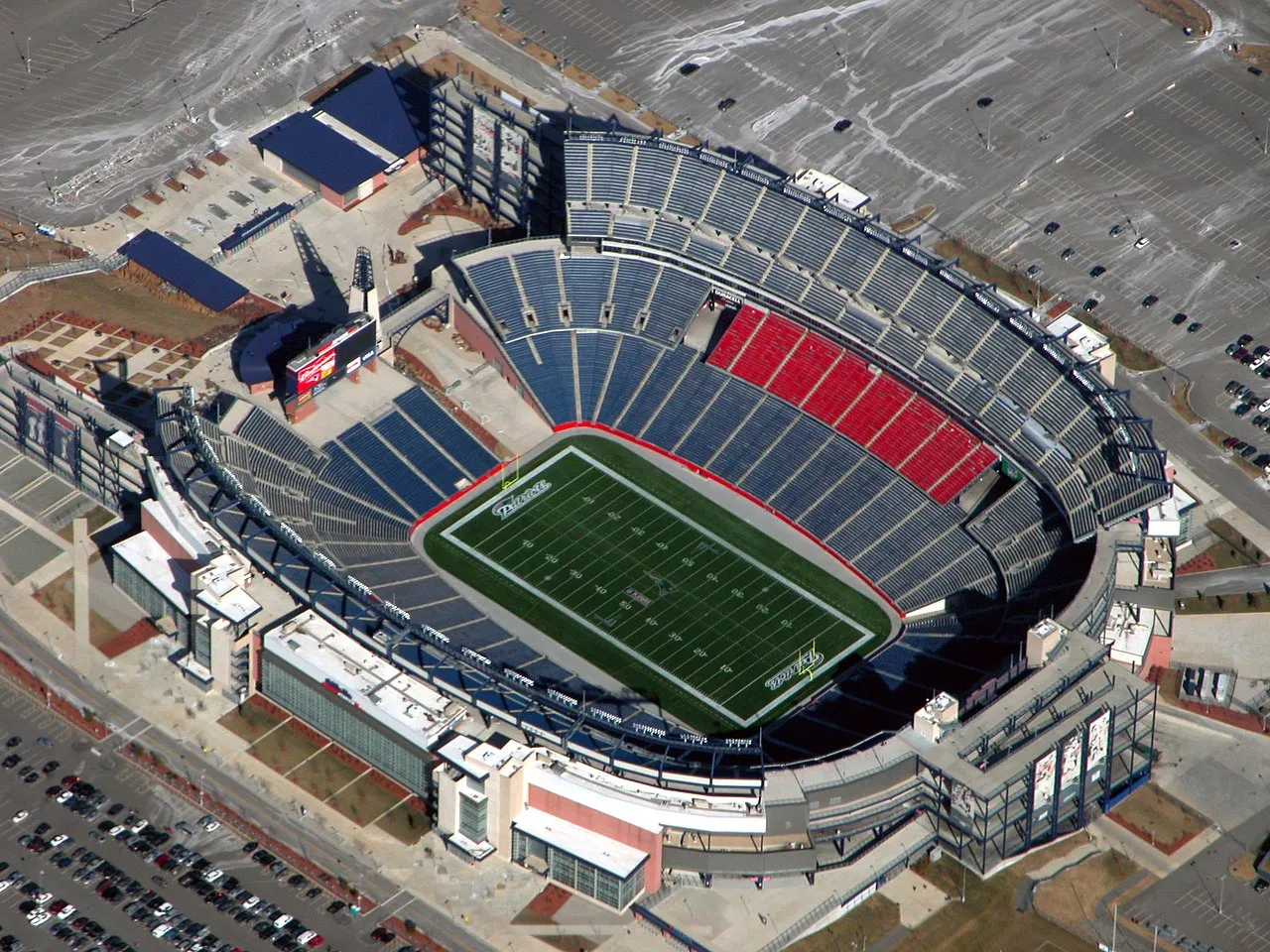 Gillette Stadium aerial in Foxborough — Boston Stadium hosts 7 World Cup 2026 matches in Massachusetts, including Norway vs France on June 26 and the Round of 32 + quarter-final knockouts