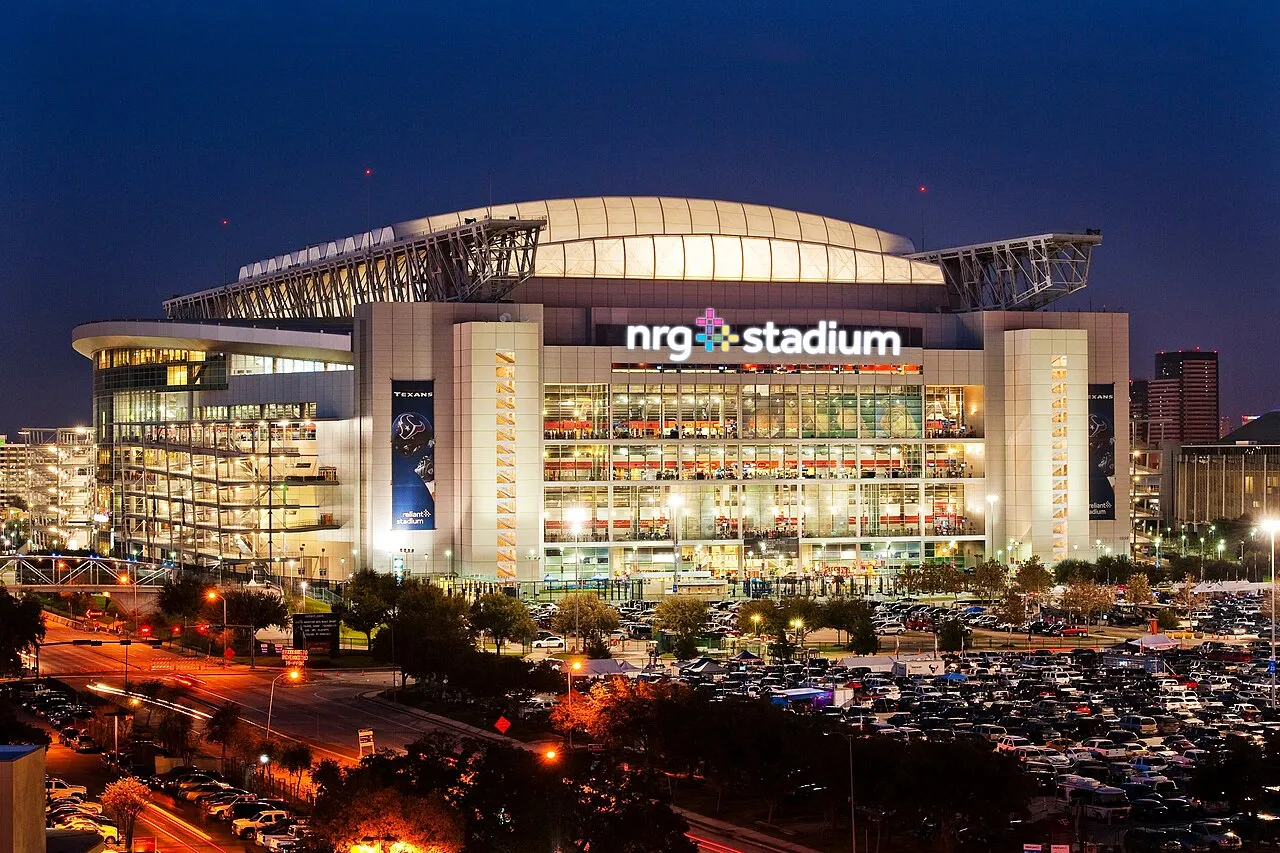 NRG Stadium aerial in Houston — Houston Stadium hosts 7 World Cup 2026 matches including Portugal vs DR Congo on June 17 and Portugal vs Uzbekistan on June 23